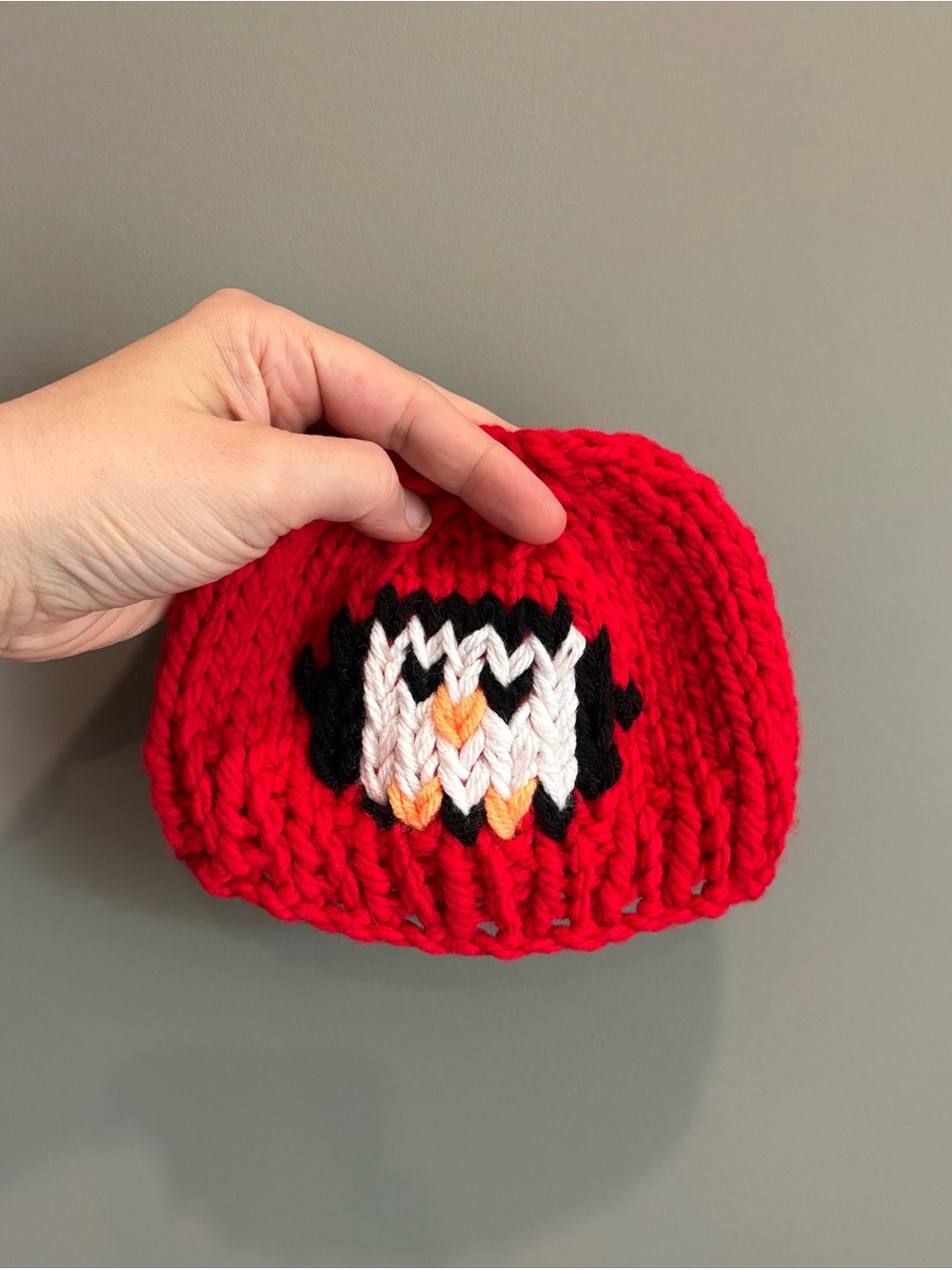 New Red Knit Newborn Beanie with Penguin Motif